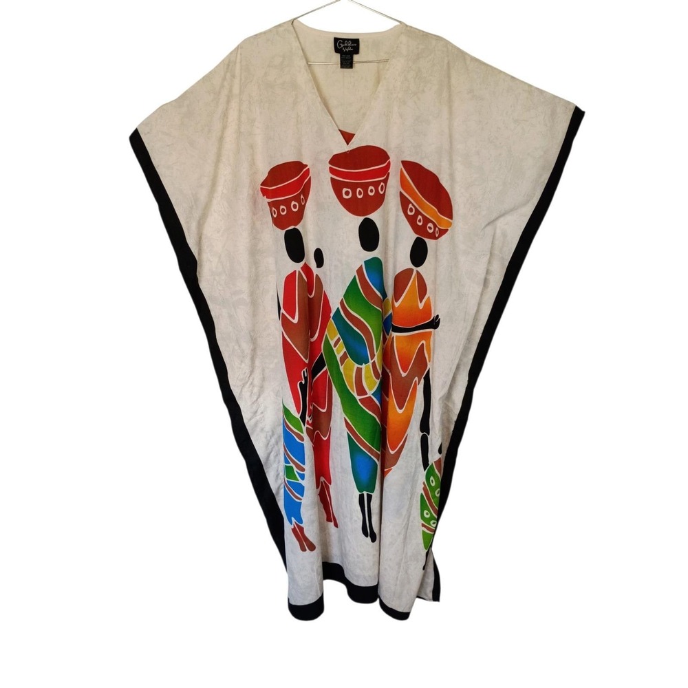 Goddess by Winlar African Art Graphic Kaftan White V-Neck Lounger One Size